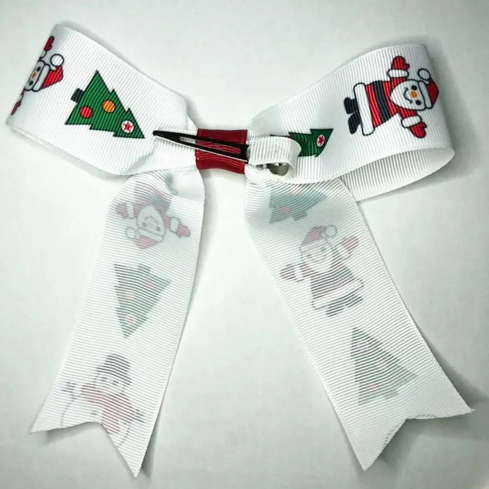 Girls White Santa Christmas Medium Hair Bow